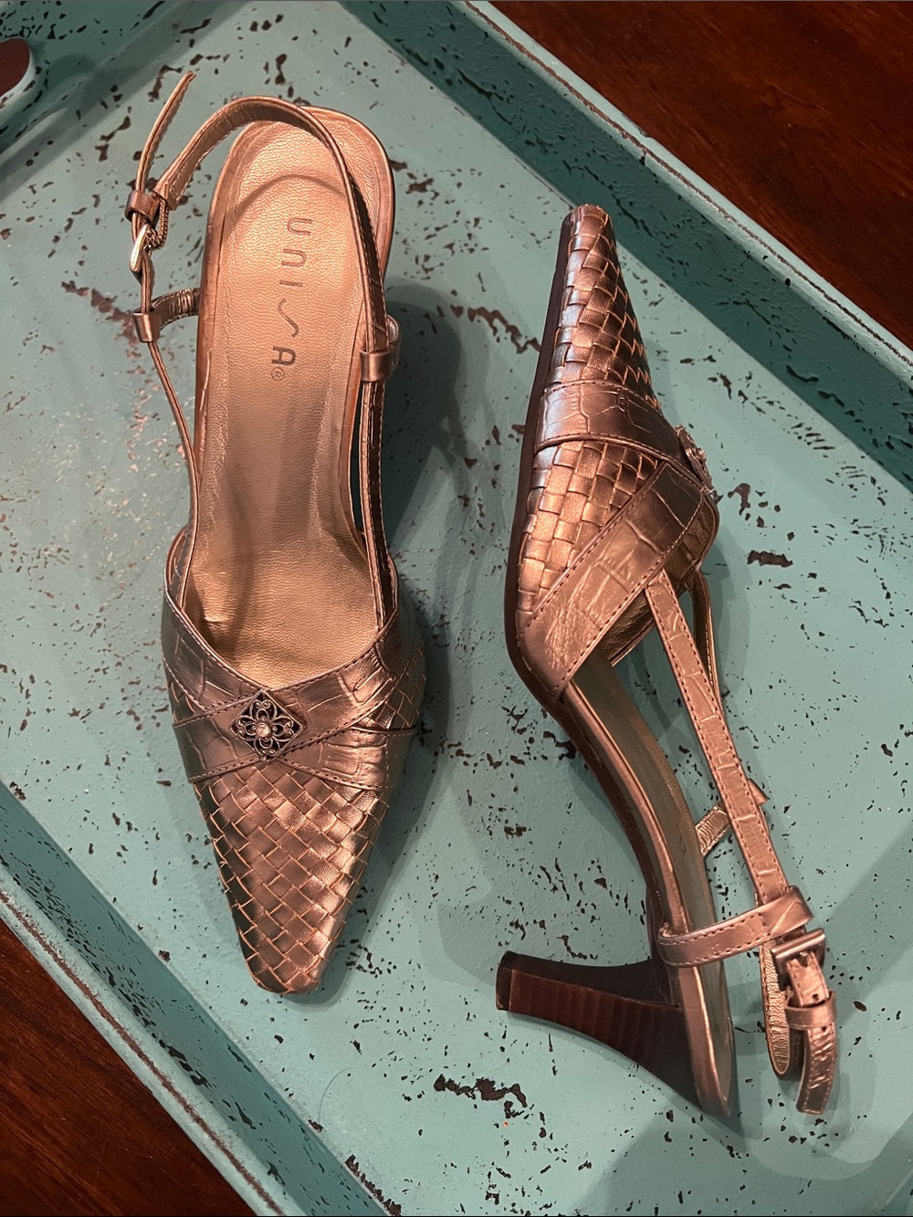 Unisa Metallic Rose Gold Woven Slingback Heels